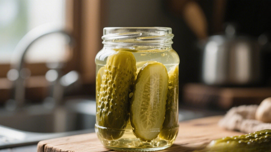 Close-up of a jar of fermented pickles with visible brine