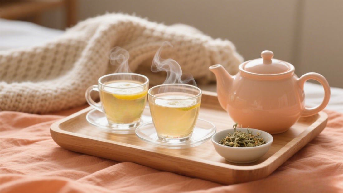 Two Cups of Herbal Tea for Period Relief on Pastel Orange Linen with Wooden Tray