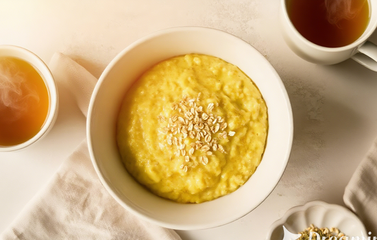 Golden Oatmeal and Herbal Tea Flatlay
