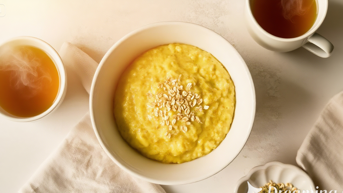 Golden Oatmeal and Herbal Tea Flatlay