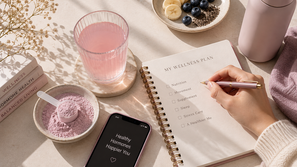 A top-down wellness flat lay featuring a pale pink drink, a bowl of light pink powder with a scoop, an open notebook, a mauve pen, and a hand writing a wellness checklist on a cream stone surface.