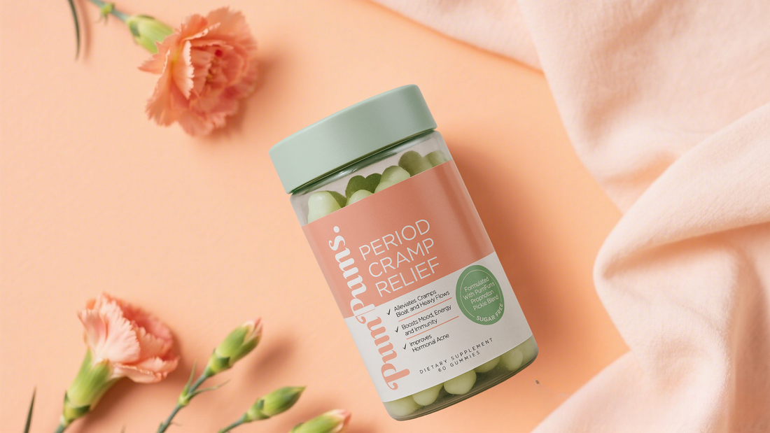 PMS Relief Gummies Displayed on a Pastel Orange Surface