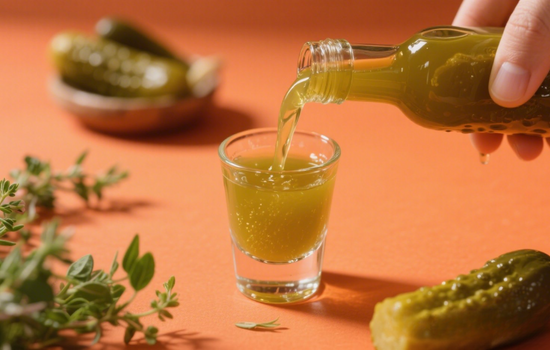 Pouring pickle juice into a glass with herbs and orange backdrop