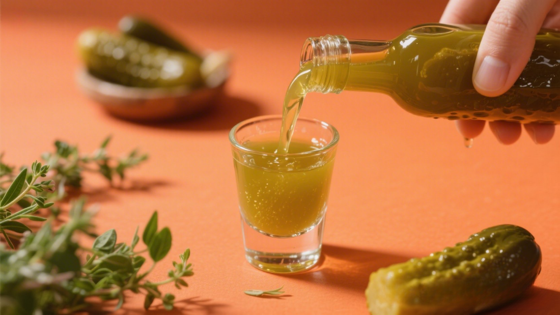 Pouring pickle juice into a glass with herbs and orange backdrop