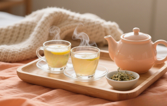 Two Cups of Herbal Tea for Period Relief on Pastel Orange Linen with Wooden Tray